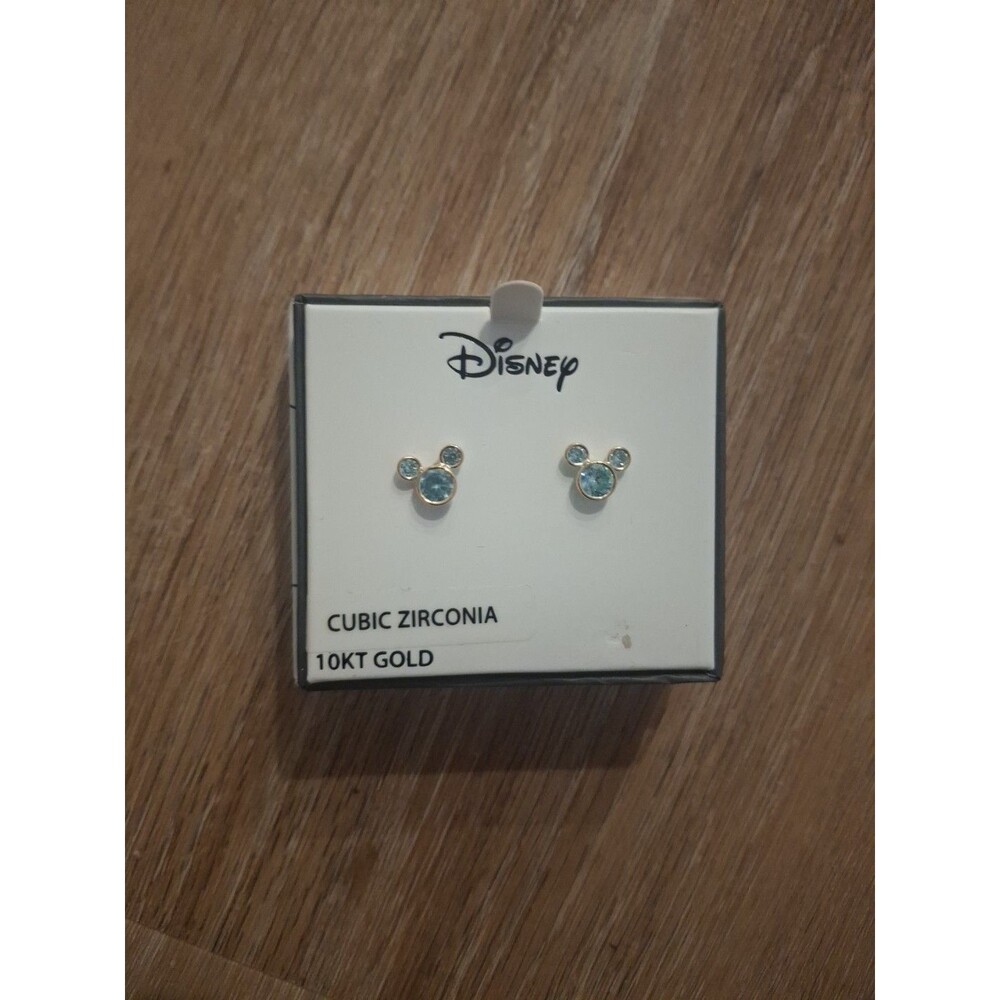 10KT Gold Mickey Mouse Earrings Blue Cubic Zirconia Stainless Steel Backing New
